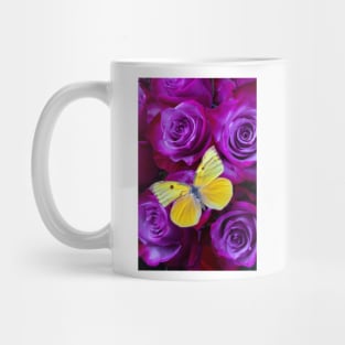 Yellow Butterfly Resting On Purple Red Roses Mug